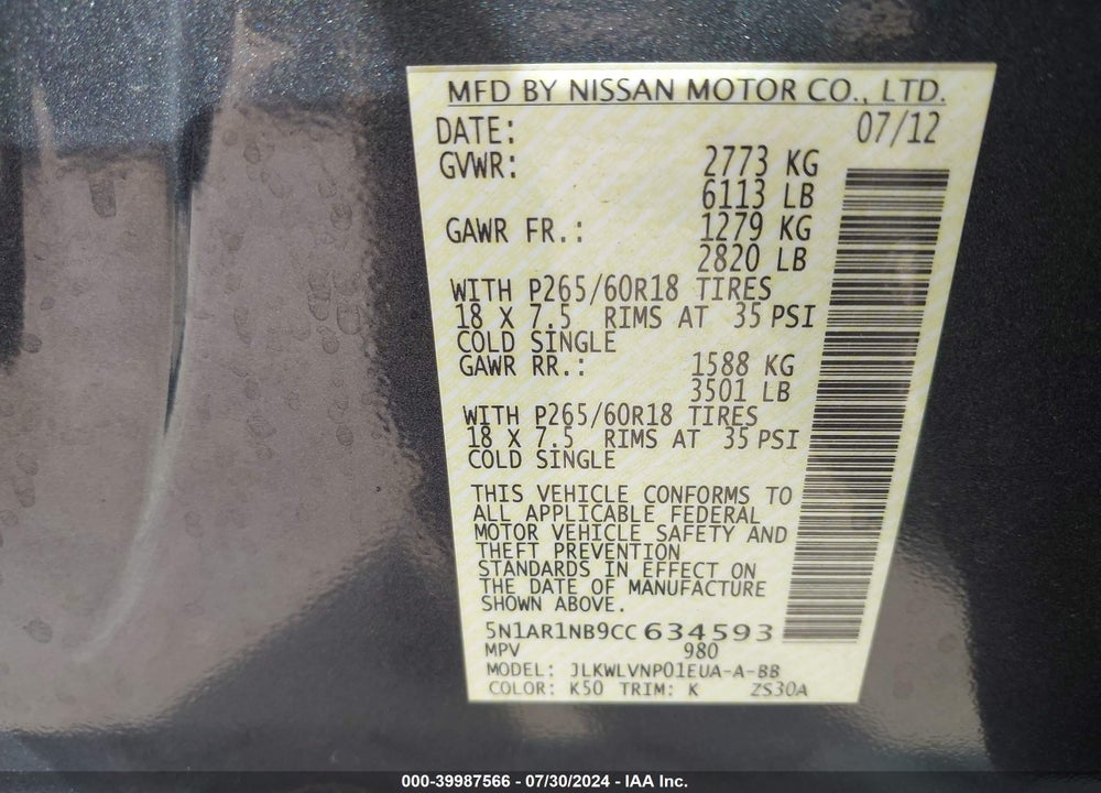 2012 NISSAN PATHFINDER LE VIN: 5N1AR1NB9CC634593