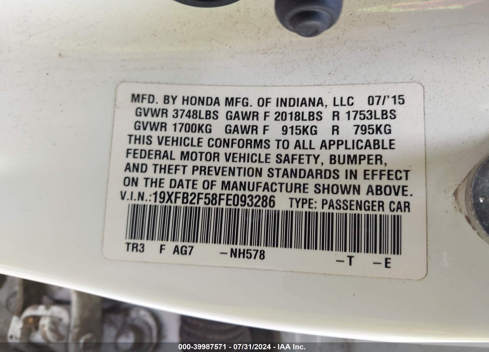 2015 HONDA CIVIC LX VIN: 19XFB2F58FE093286