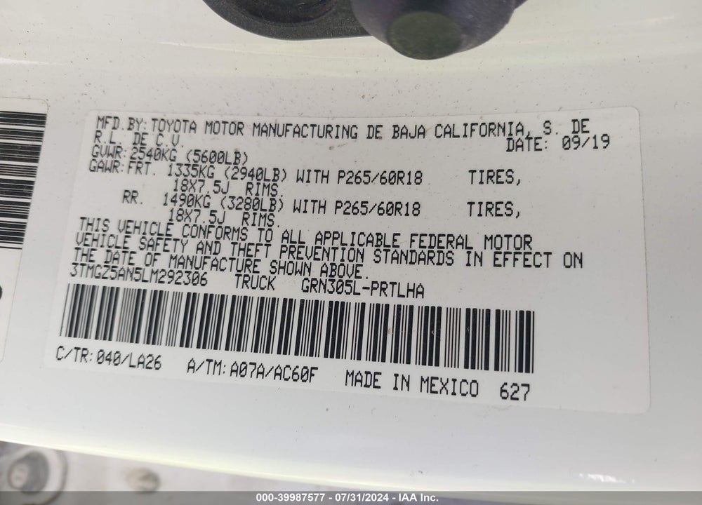2020 TOYOTA TACOMA LIMITED VIN: 3TMGZ5AN5LM292306