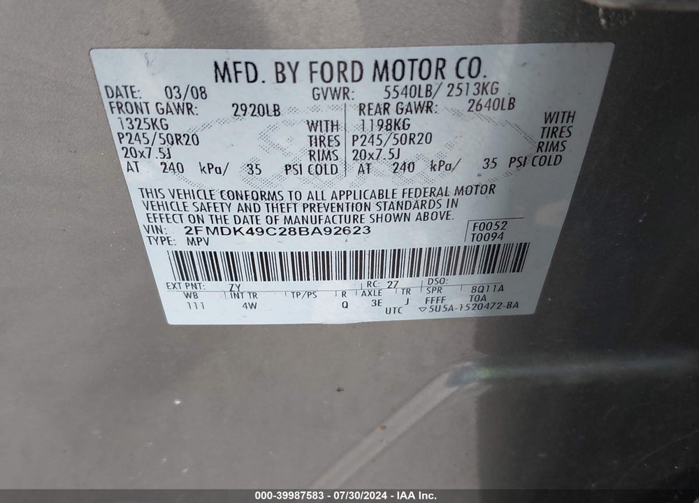 2008 FORD EDGE LIMITED VIN: 2FMDK49C28BA92623