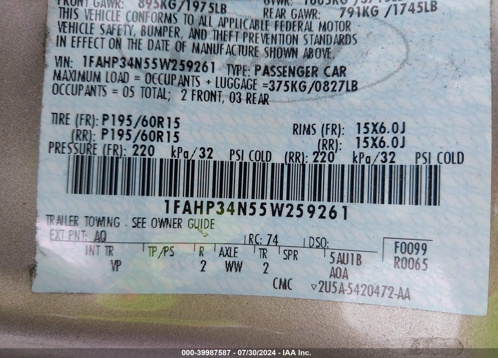 2005 FORD FOCUS ZX4 VIN: 1FAHP34N55W259261