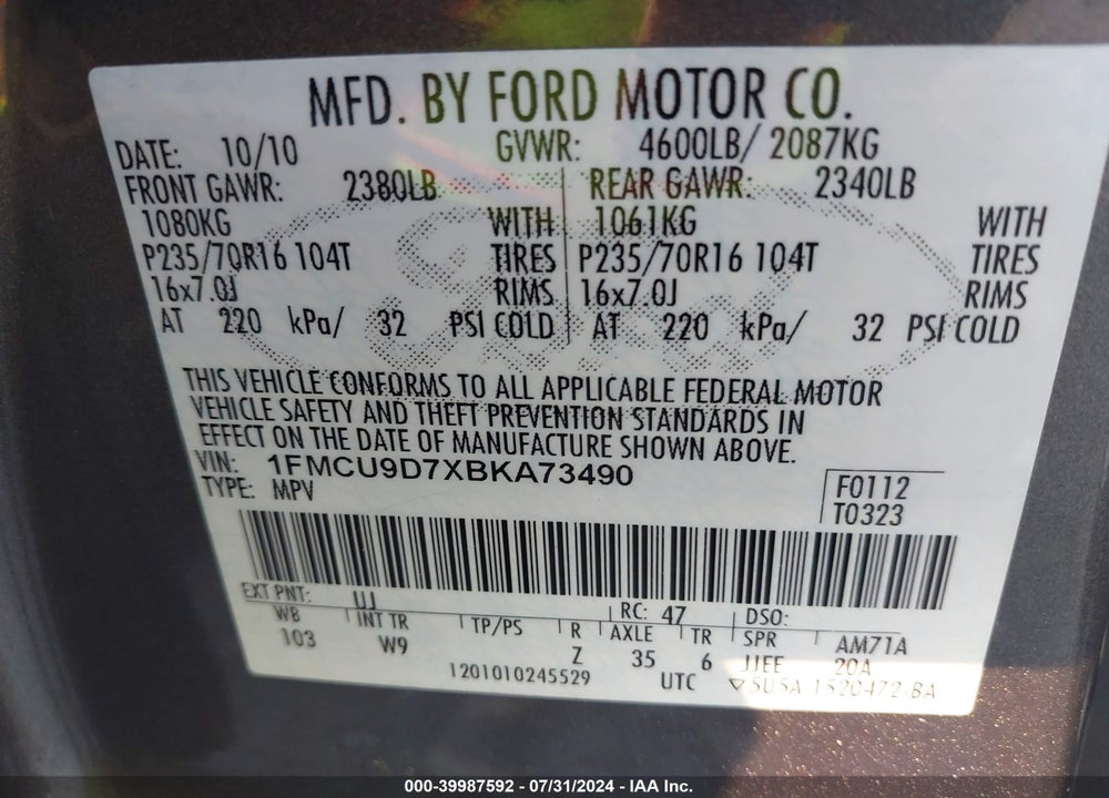 2011 FORD ESCAPE XLT VIN: 1FMCU9D7XBKA73490