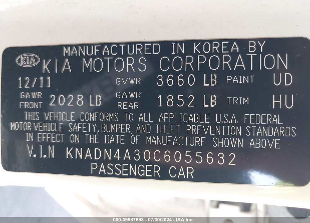 2012 KIA RIO SX VIN: KNADN4A30C6055632