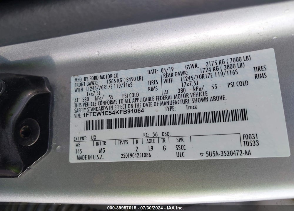 2019 FORD F-150 XLT VIN: 1FTEW1E54KFB91064