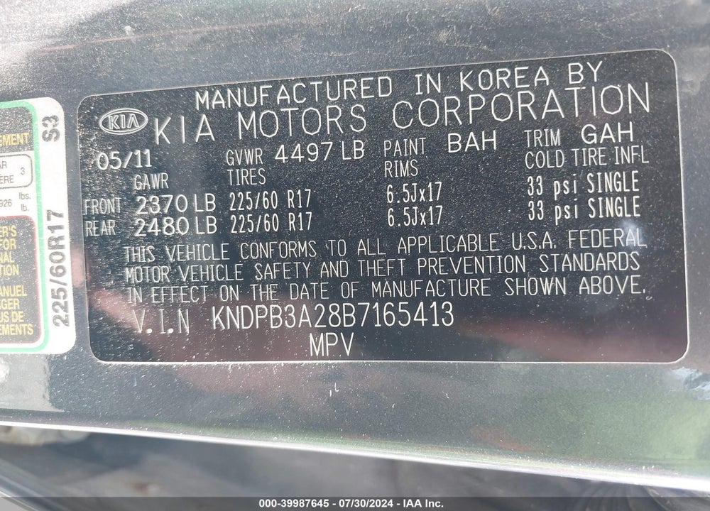 2011 KIA SPORTAGE LX VIN: KNDPB3A28B7165413