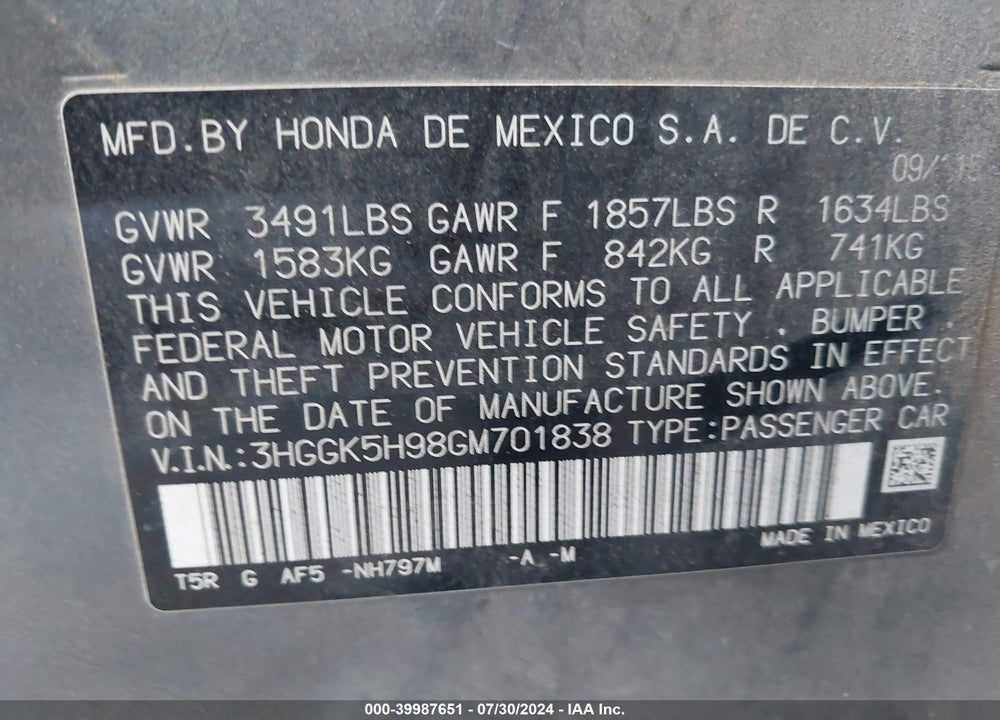 2016 HONDA FIT EX-L VIN: 3HGGK5H98GM701838