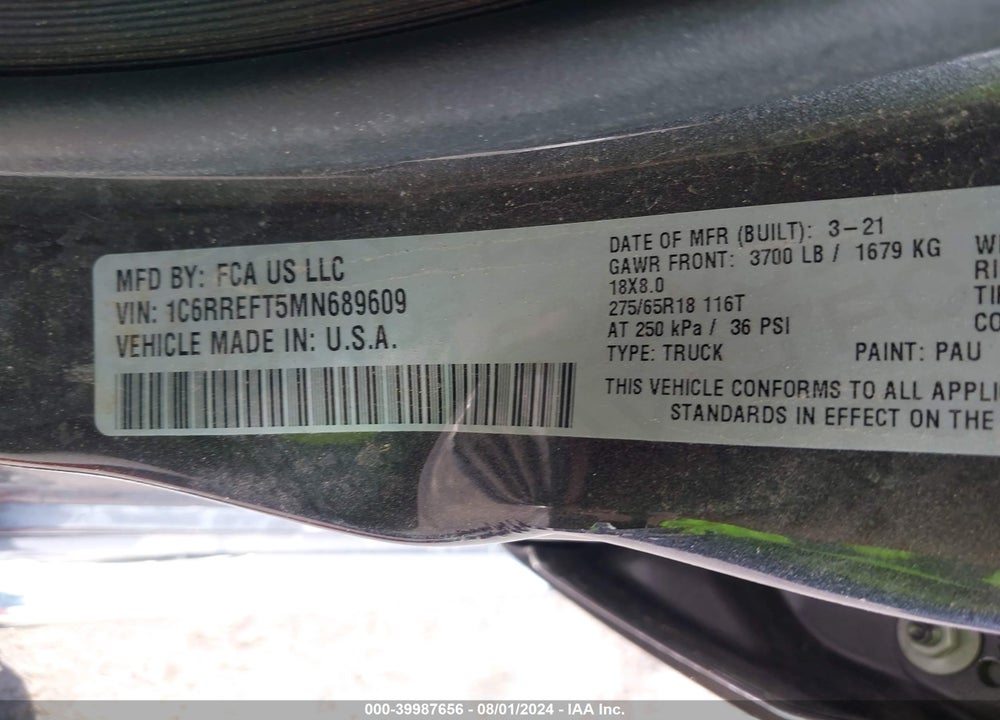 2021 RAM 1500 BIG HORN 4X2 5'7 BOX VIN: 1C6RREFT5MN689609