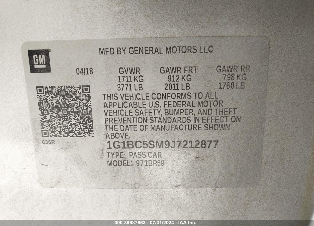 2018 CHEVROLET CRUZE VIN: 1G1BC5SM9J7212877