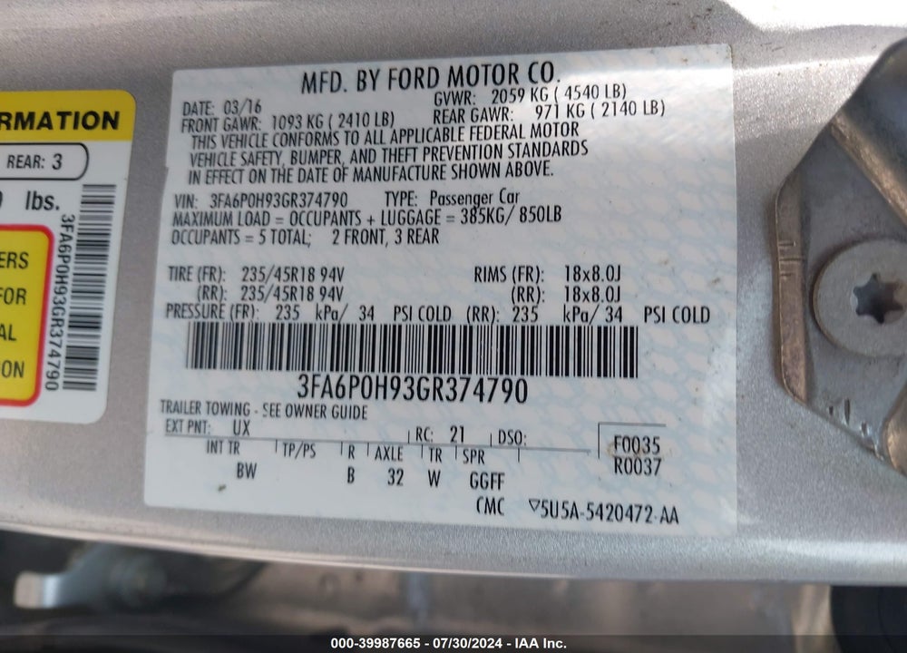 2016 FORD FUSION SE VIN: 3FA6P0H93GR374790