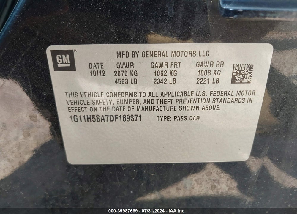 2013 CHEVROLET MALIBU 1LZ VIN: 1G11H5SA7DF189371