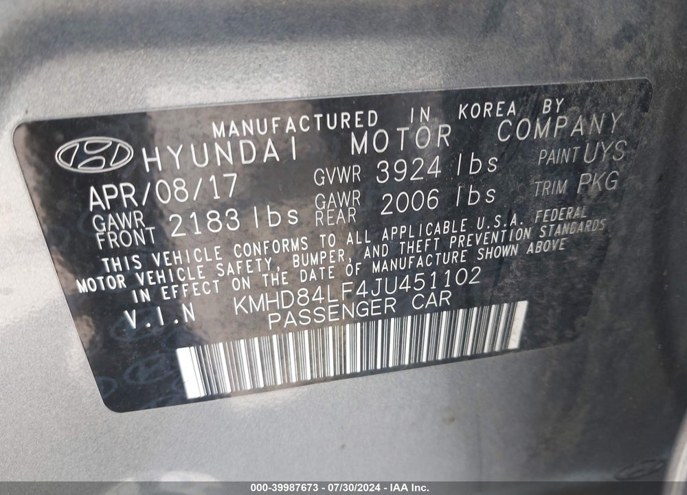 2018 HYUNDAI ELANTRA SEL VIN: KMHD84LF4JU451102