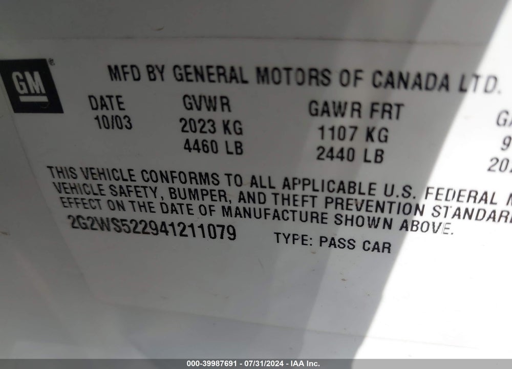 2004 PONTIAC GRAND PRIX GT2 VIN: 2G2WS522941211079