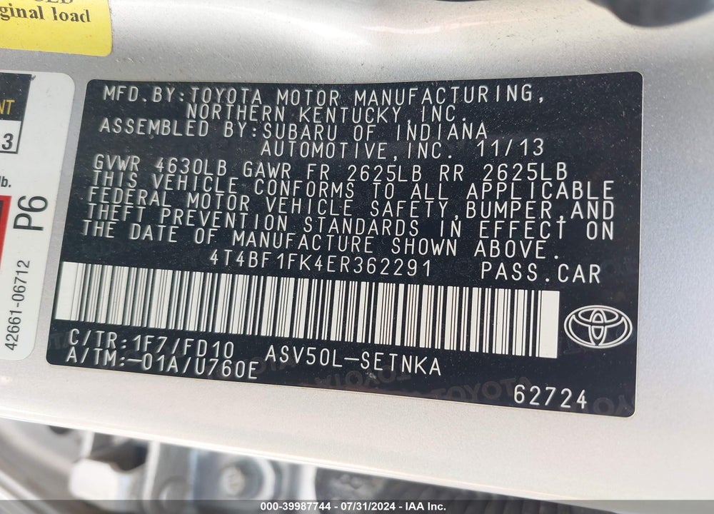 2014 TOYOTA CAMRY LE VIN: 4T4BF1FK4ER362291