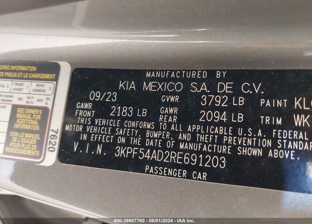 2024 KIA FORTE GT LINE VIN: 3KPF54AD2RE691203