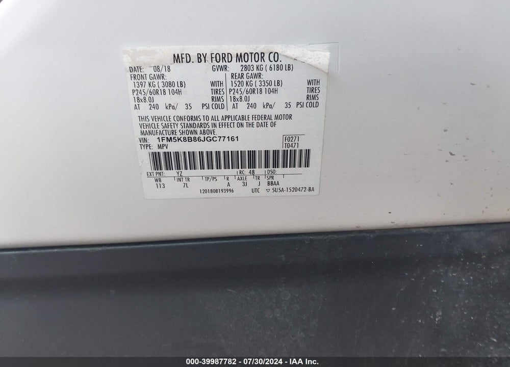 2018 FORD EXPLORER VIN: 1FM5K8B86JGC77161