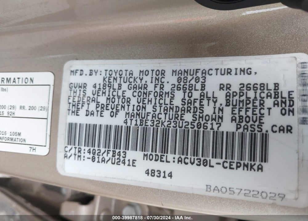 2003 TOYOTA CAMRY LE VIN: 4T1BE32K23U250617