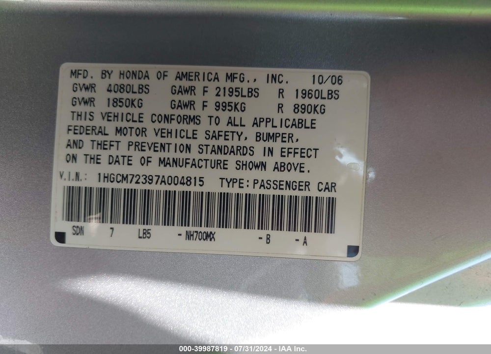 2007 HONDA ACCORD 2.4 LX VIN: 1HGCM72397A004815