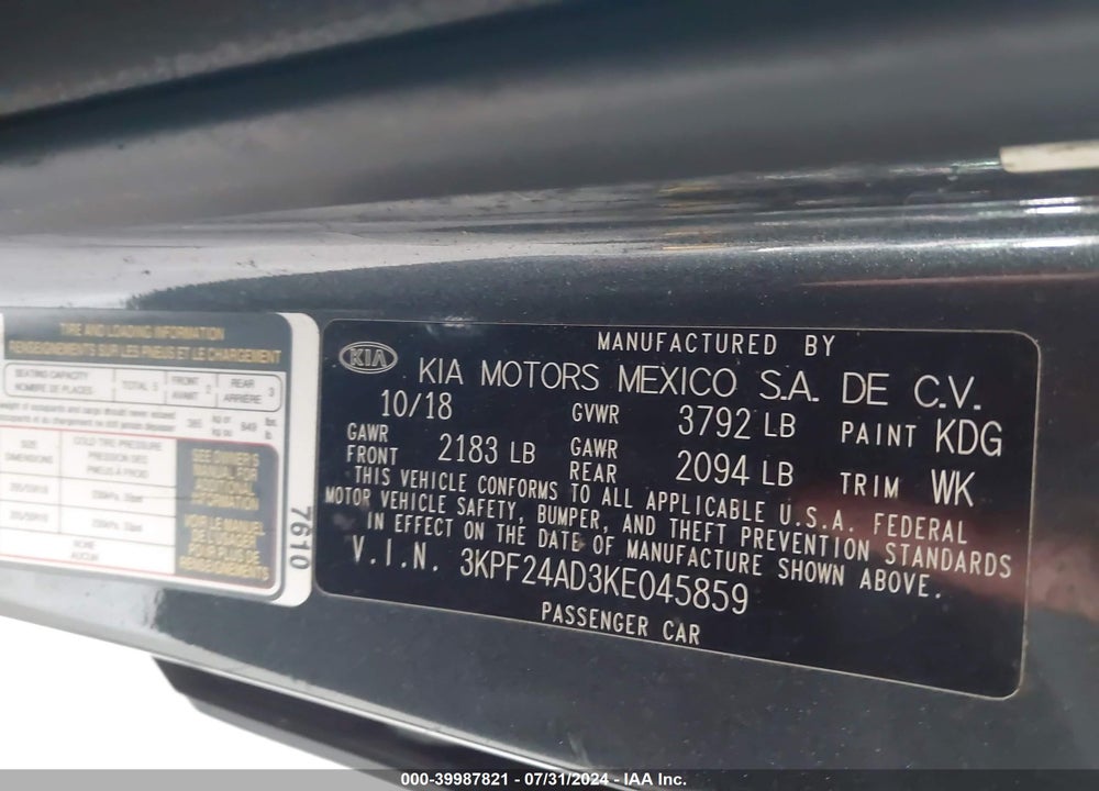 2019 KIA FORTE LXS VIN: 3KPF24AD3KE045859