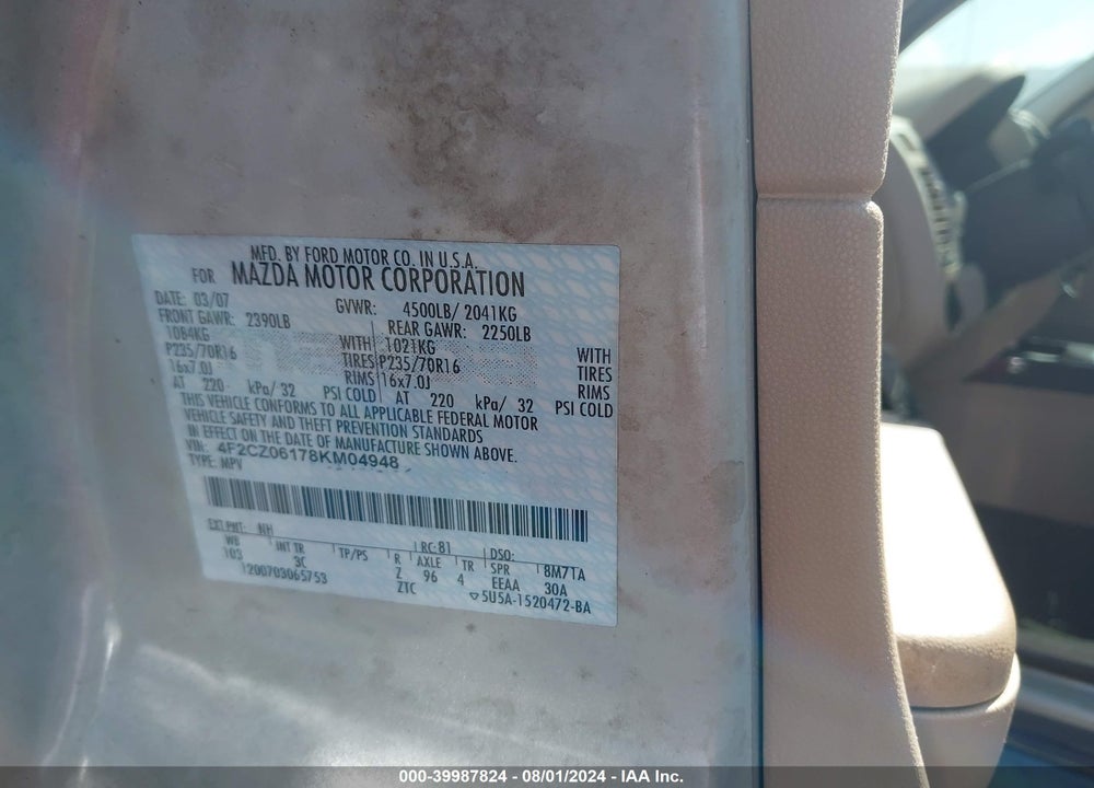 2008 MAZDA TRIBUTE S SPORT VIN: 4F2CZ06178KM04948