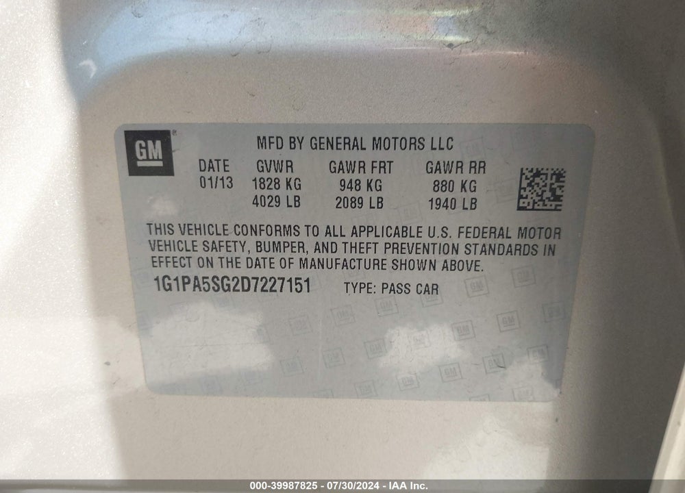 2013 CHEVROLET CRUZE LS AUTO VIN: 1G1PA5SG2D7227151