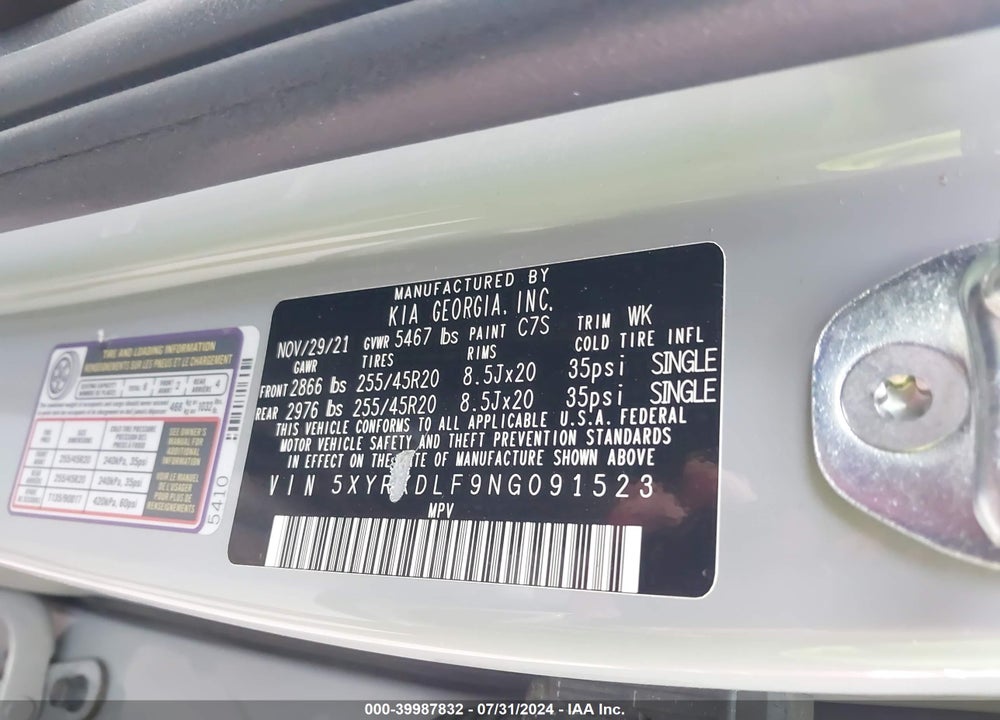 2022 KIA SORENTO SX VIN: 5XYRKDLF9NG091523