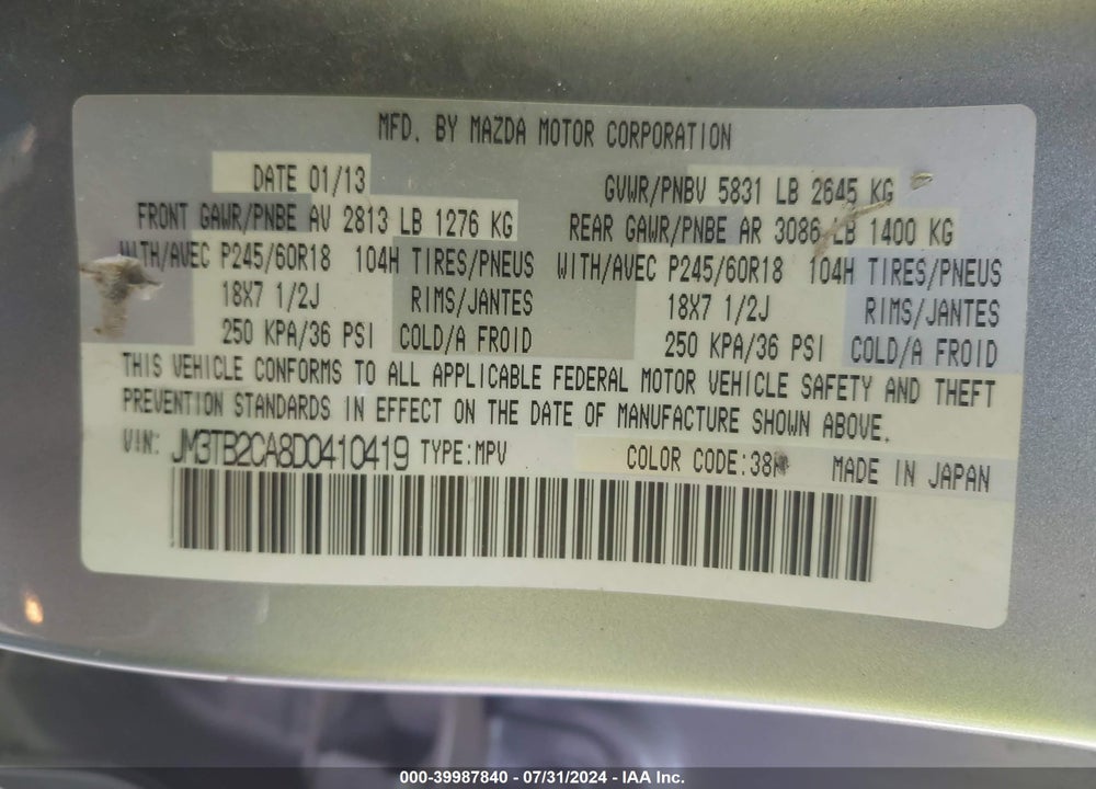 2013 MAZDA CX-9 TOURING VIN: JM3TB2CA8D0410419