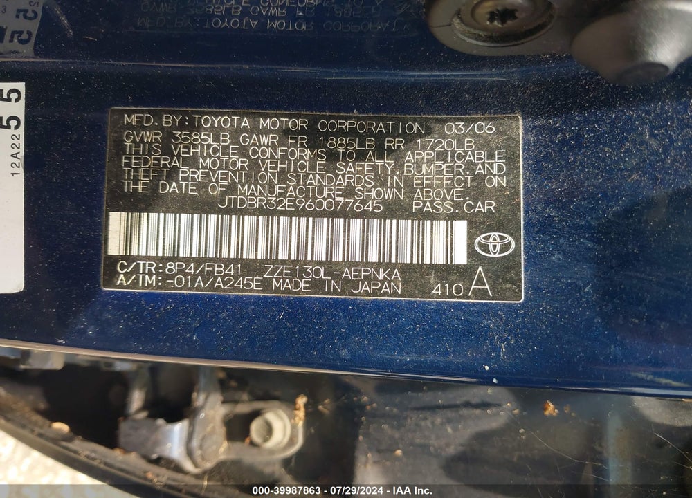 2006 TOYOTA COROLLA LE VIN: JTDBR32E960077645