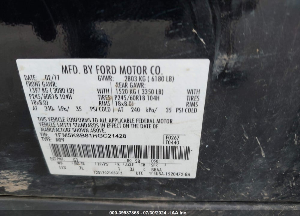2017 FORD EXPLORER VIN: 1FM5K8B81HGC21428