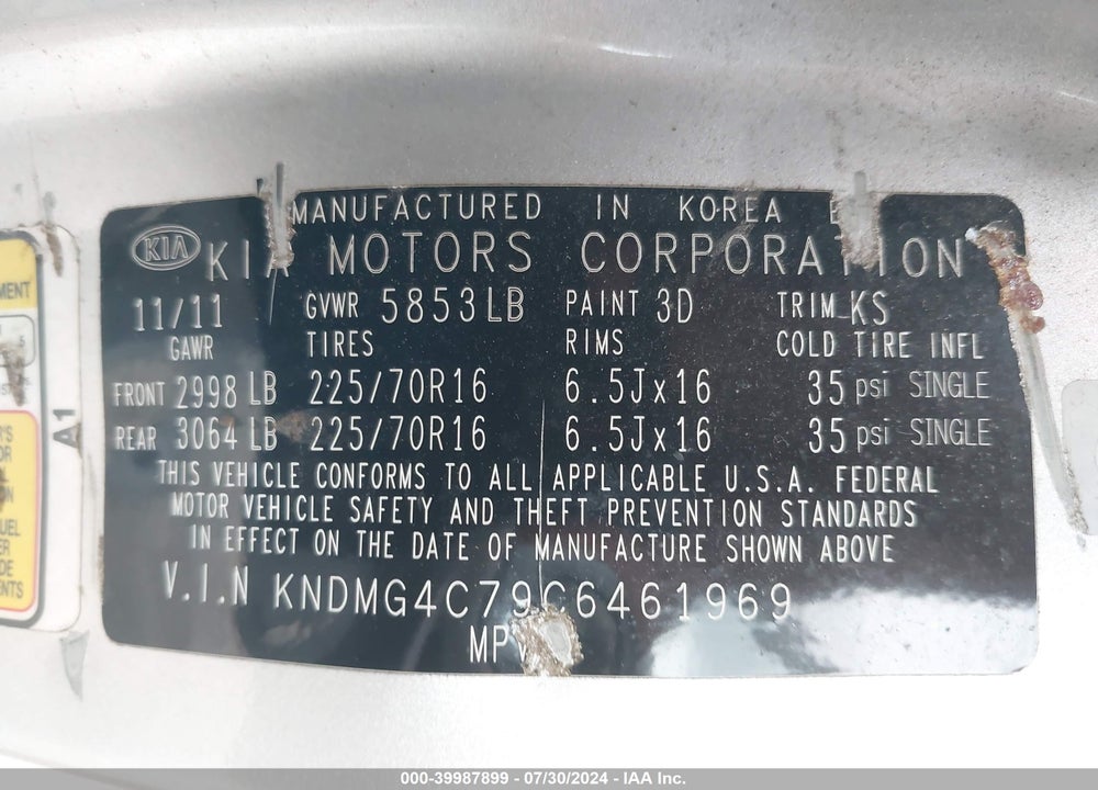 2012 KIA SEDONA LX VIN: KNDMG4C79C6461969
