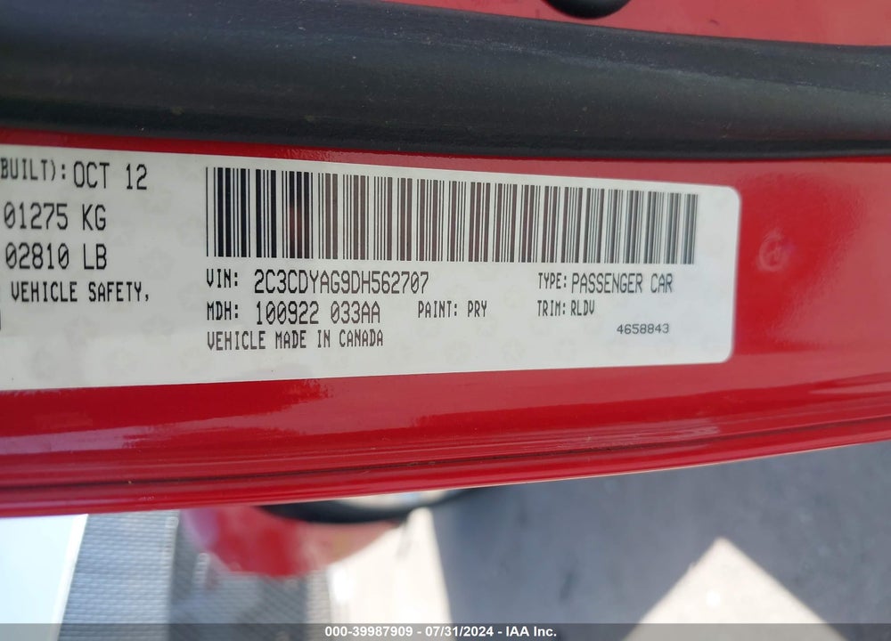 2013 DODGE CHALLENGER SXT PLUS VIN: 2C3CDYAG9DH562707