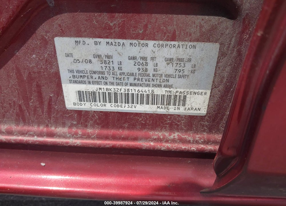 2008 MAZDA 3 I TOURING VALUE VIN: JM1BK32F381164418