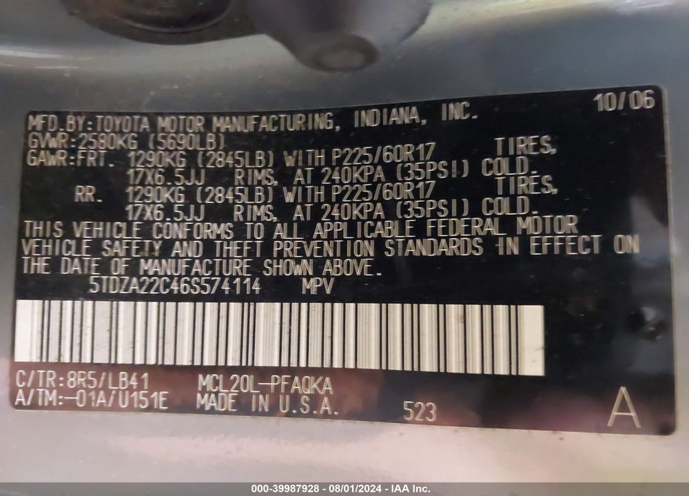 2006 TOYOTA SIENNA XLE VIN: 5TDZA22C46S574114