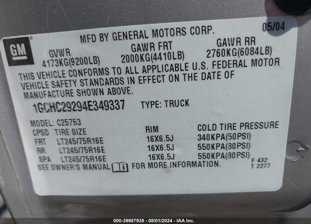 2004 CHEVROLET SILVERADO 2500HD LT VIN: 1GCHC29294E349337