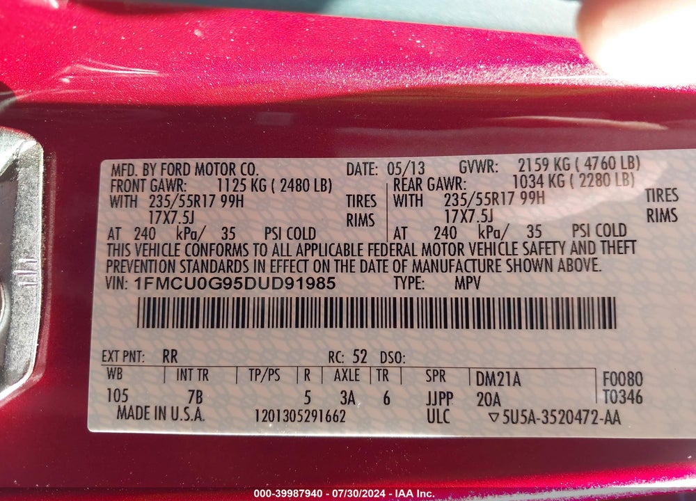 2013 FORD ESCAPE SE VIN: 1FMCU0G95DUD91985