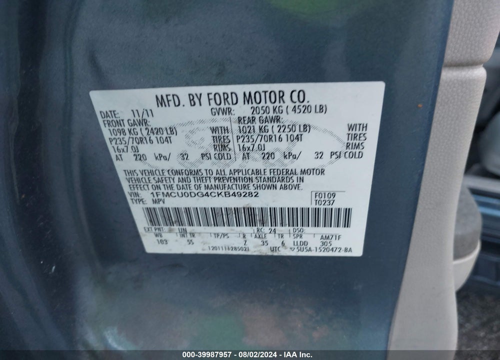 2012 FORD ESCAPE XLT VIN: 1FMCU0DG4CKB49282