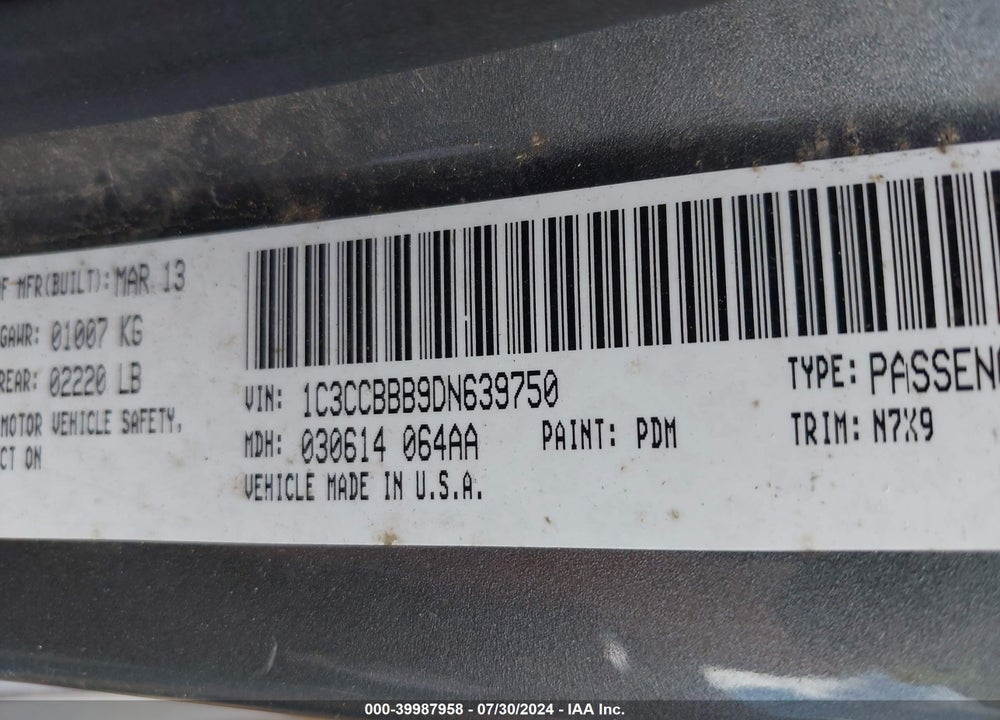 2013 CHRYSLER 200 TOURING VIN: 1C3CCBBB9DN639750