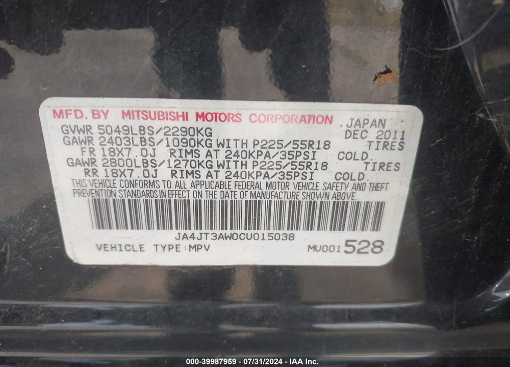 2012 MITSUBISHI OUTLANDER SE VIN: JA4JT3AW0CU015038
