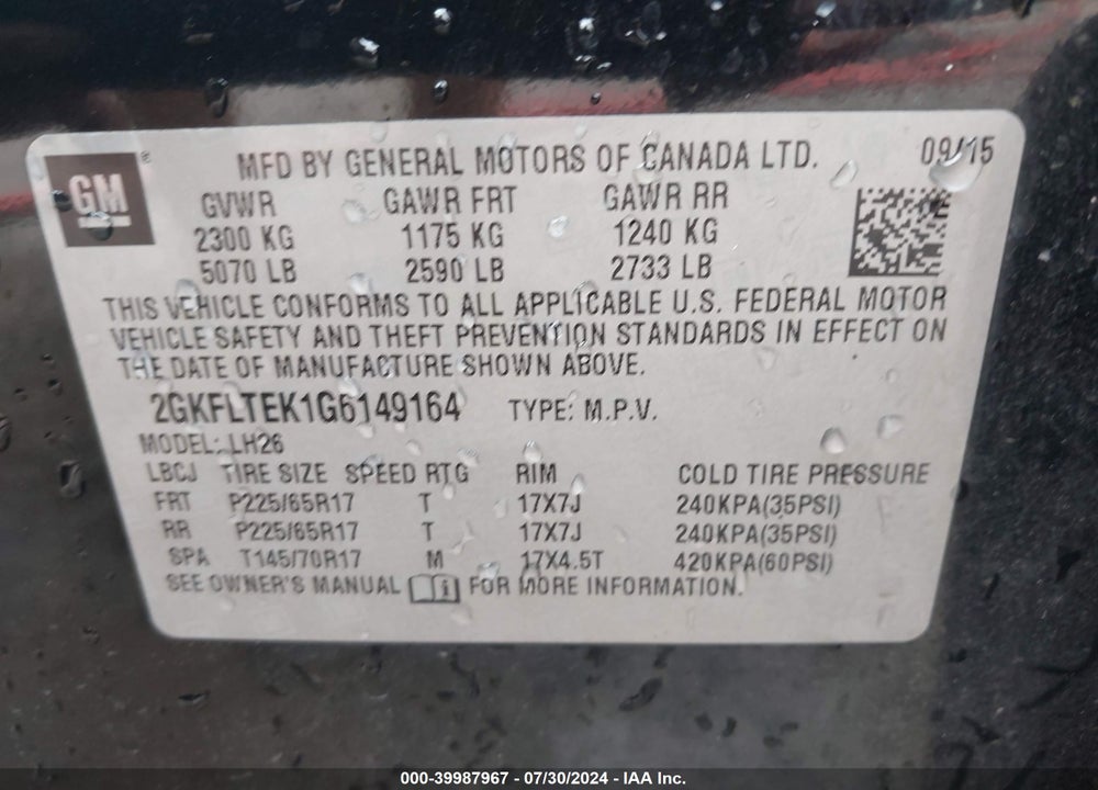 2016 GMC TERRAIN SLE-2 VIN: 2GKFLTEK1G6149164