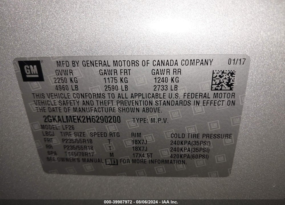 2017 GMC TERRAIN SLE-1 VIN: 2GKALMEK2H6290200