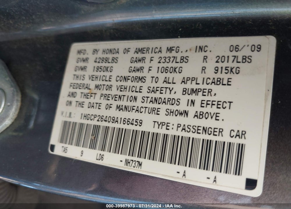 2009 HONDA ACCORD 2.4 LX-P VIN: 1HGCP26409A166459