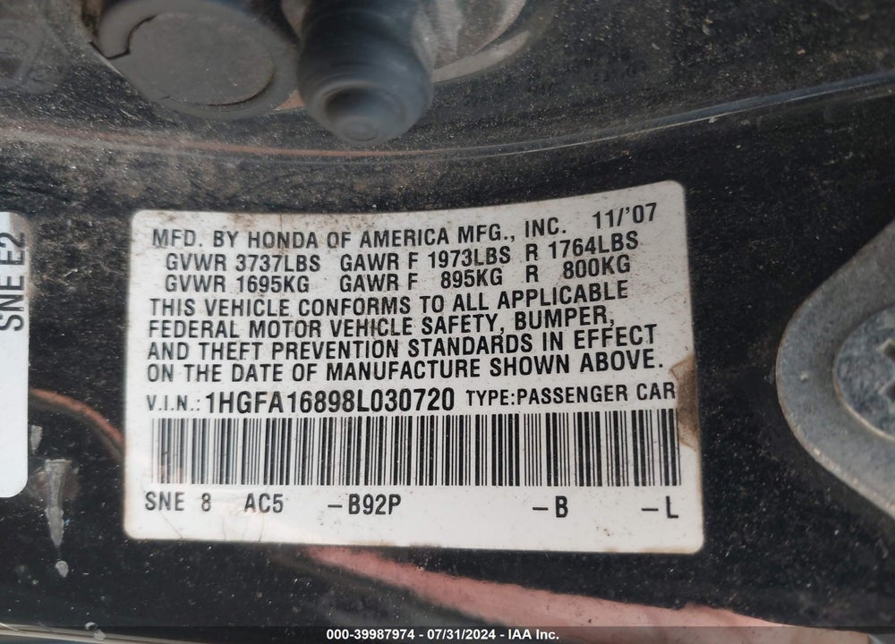 2008 HONDA CIVIC EX VIN: 1HGFA16898L030720