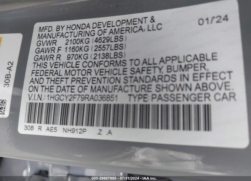 2024 HONDA ACCORD HYBRID SPORT-L VIN: 1HGCY2F79RA036851