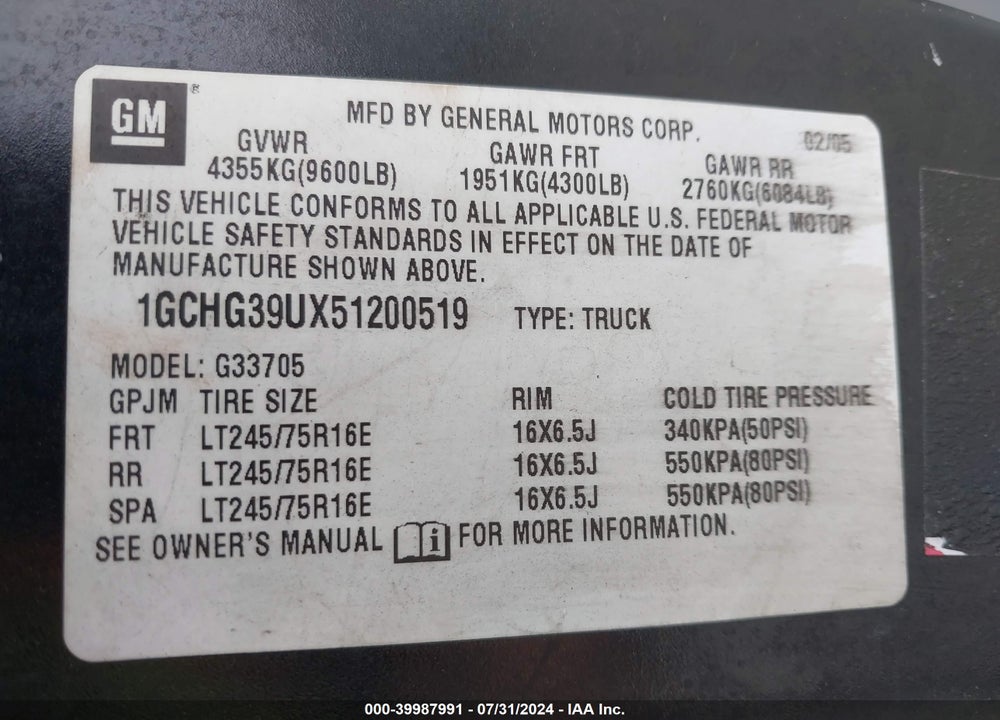 2005 CHEVROLET EXPRESS VIN: 1GCHG39UX51200519