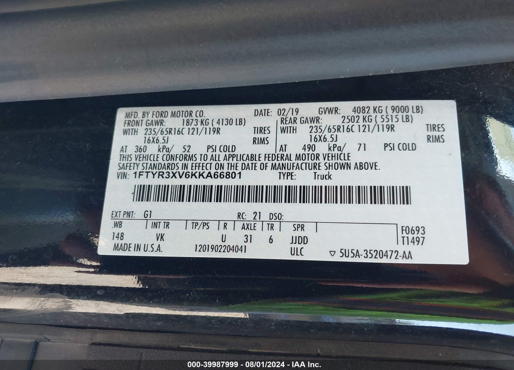 2019 FORD TRANSIT-250 VIN: 1FTYR3XV6KKA66801