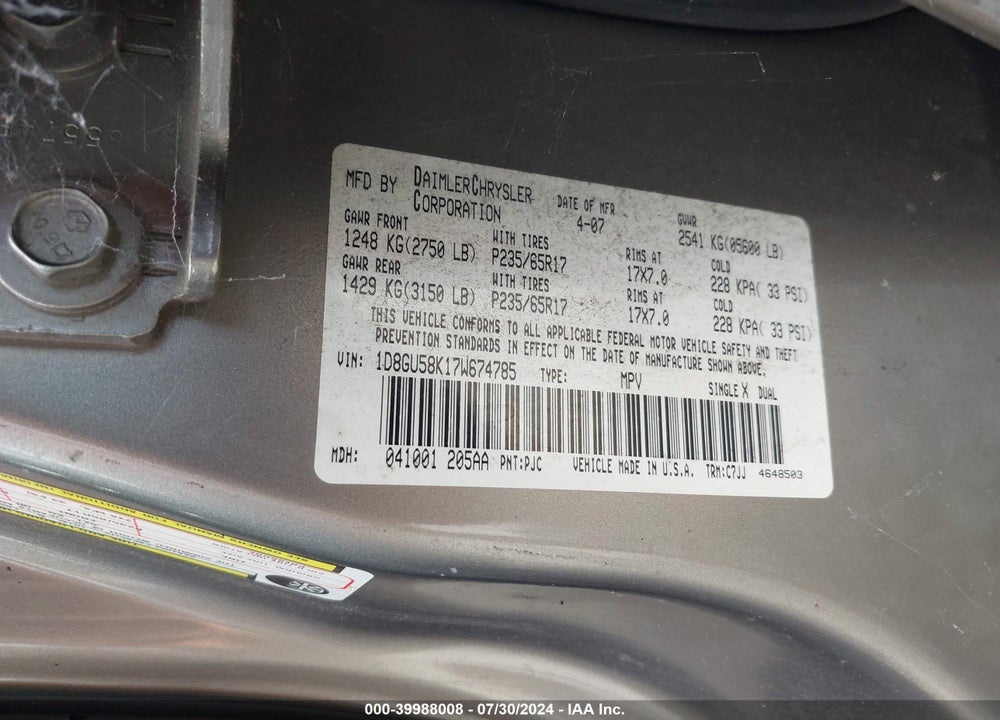 2007 DODGE NITRO SLT/RT VIN: 1D8GU58K17W674785