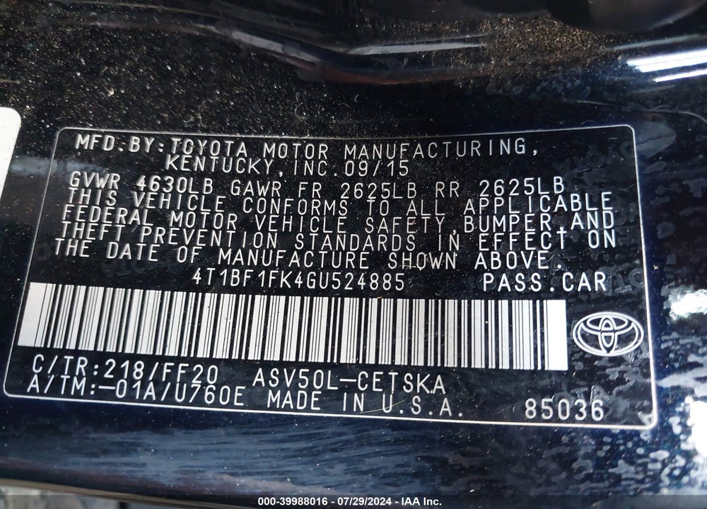 2016 TOYOTA CAMRY SE VIN: 4T1BF1FK4GU524885