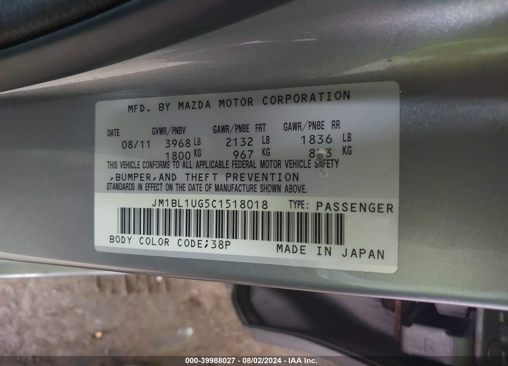 2012 MAZDA 3 I SPORT VIN: JM1BL1UG5C1518018