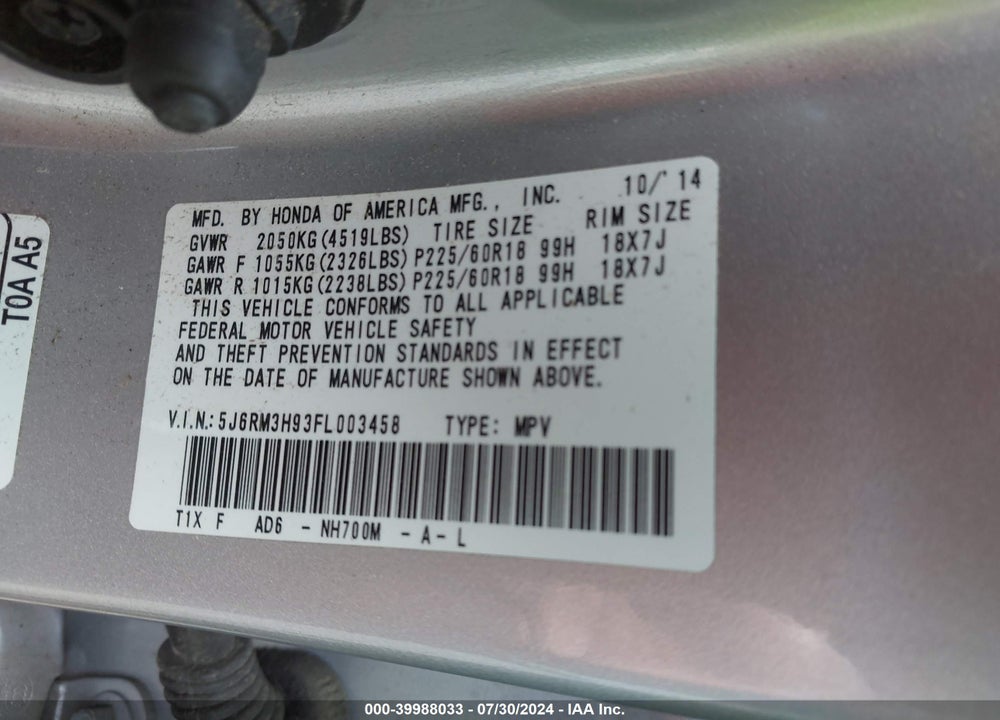 2015 HONDA CR-V TOURING VIN: 5J6RM3H93FL003458