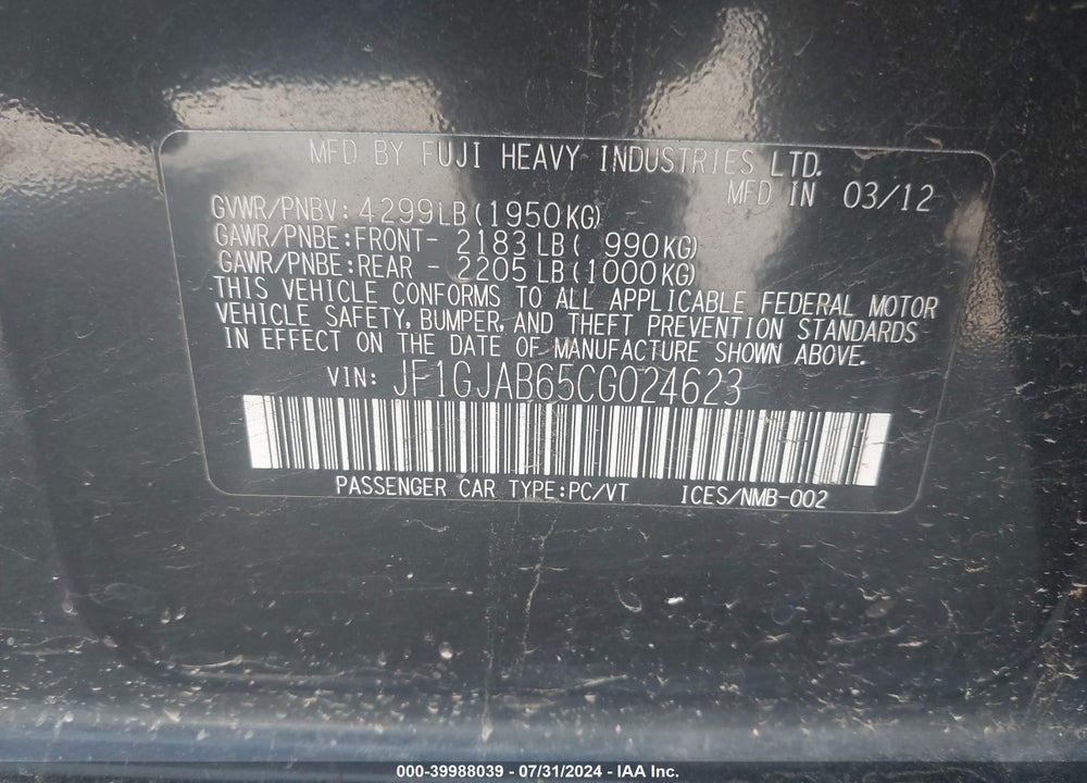 2012 SUBARU IMPREZA 2.0I PREMIUM VIN: JF1GJAB65CG024623