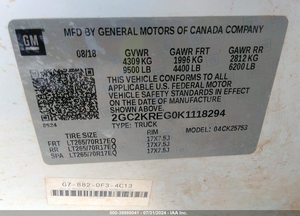 2019 CHEVROLET SILVERADO 2500HD WT VIN: 2GC2KREG0K1118294